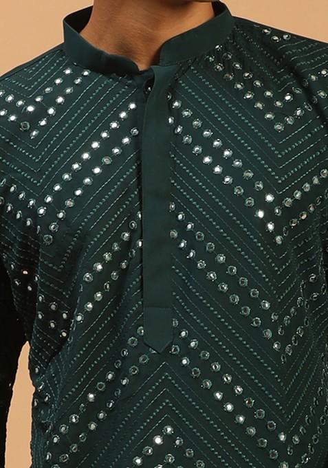 Green Mirror Work Georgette Kurta For Men