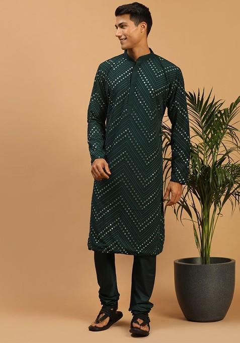 Green Mirror Work Georgette Kurta For Men