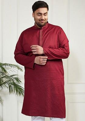 Maroon Solid Jacquard Kurta For Men