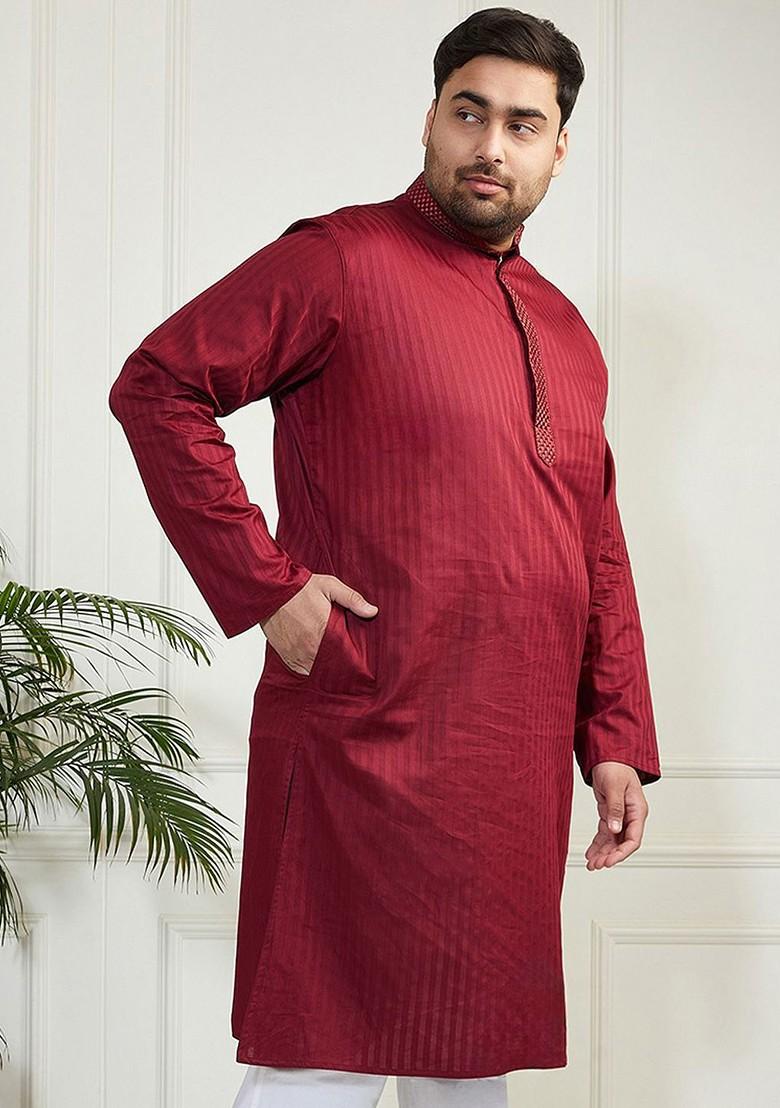 Maroon Solid Jacquard Kurta For Men