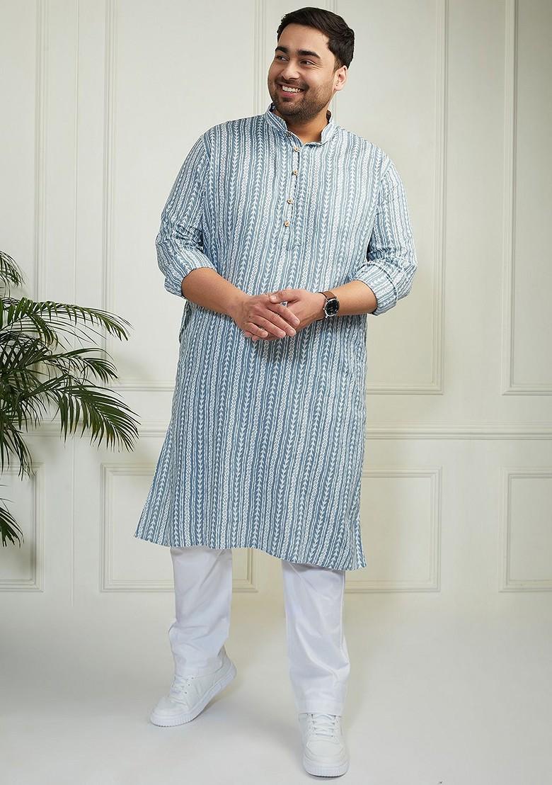 Grey Solid Jacquard Kurta For Men