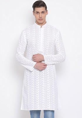 White Embroidered Cotton Kurta For Men
