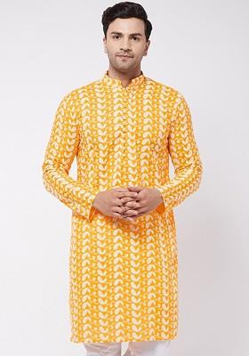 Orange Ethnic Motifs Poly Blend Kurta For Men