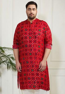 Red Geometric Print Poly Blend Kurta For Men