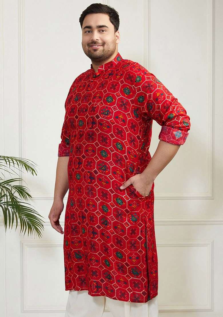 Red Geometric Print Poly Blend Kurta For Men - Indya