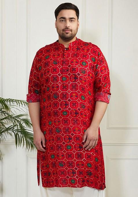 Red Geometric Print Poly Blend Kurta For Men — view on Indya