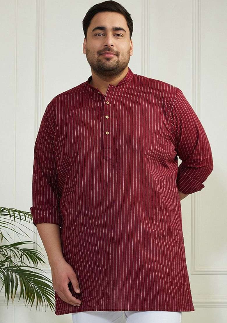 Maroon Striped Jacquard Kurta For Men - Indya