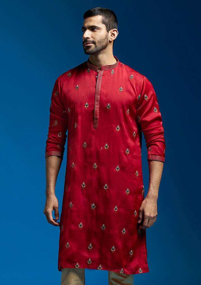 Maroon Ethnic Motifs Poly Blend Kurta For Men - Indya