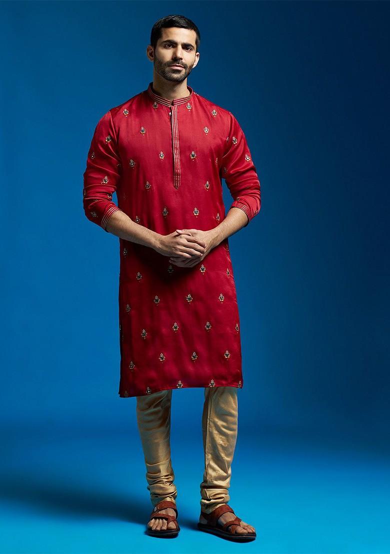 Maroon Ethnic Motifs Poly Blend Kurta For Men