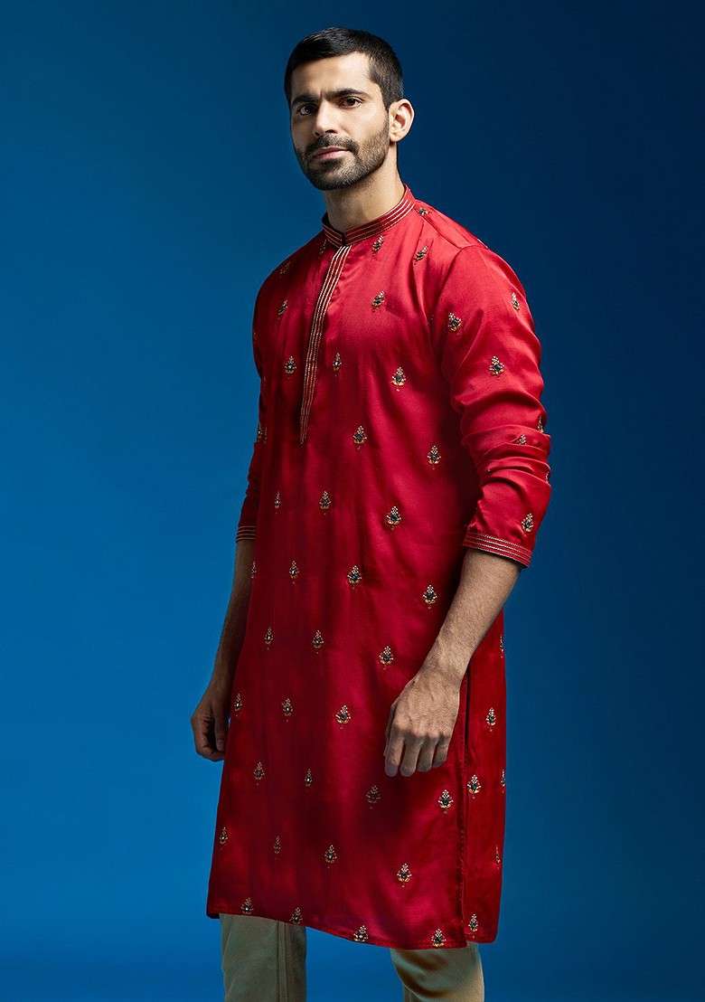Maroon Ethnic Motifs Poly Blend Kurta For Men - Indya