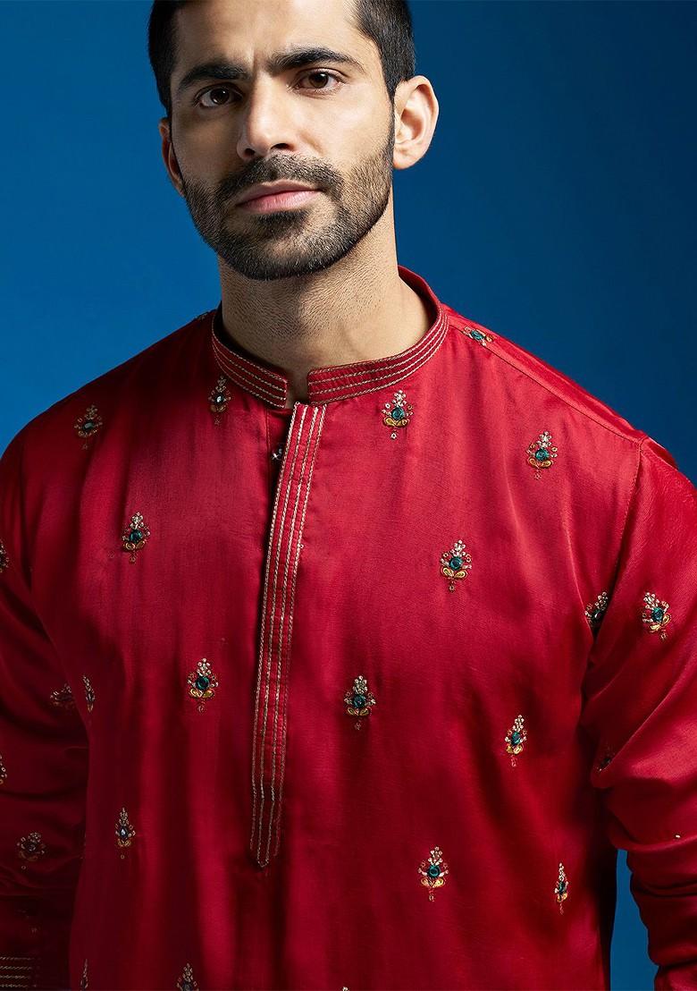 Maroon Ethnic Motifs Poly Blend Kurta For Men