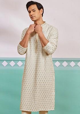 Off White Embroidered Poly Blend Kurta For Men