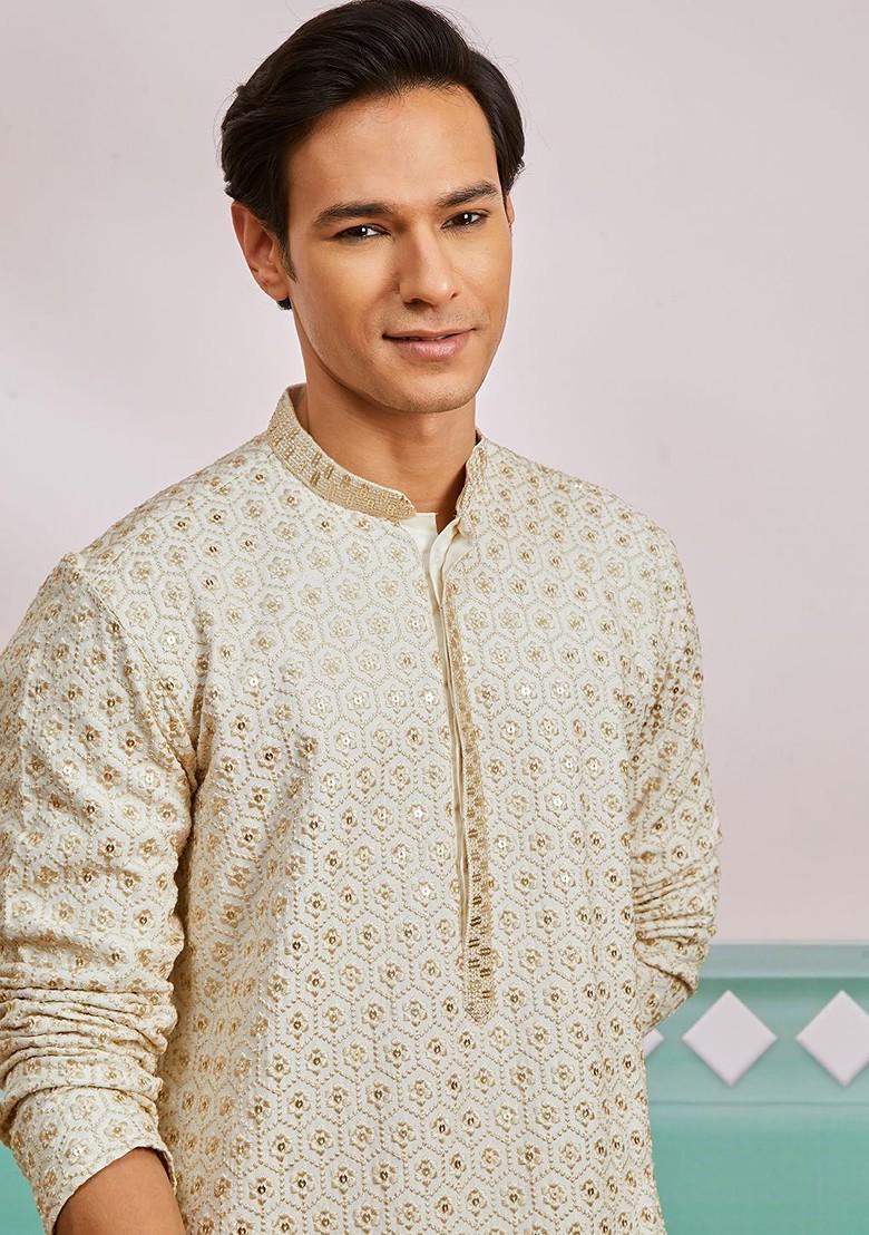 Off White Embroidered Poly Blend Kurta For Men