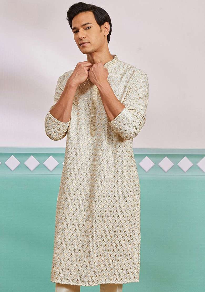 Off White Embroidered Poly Blend Kurta For Men - Indya