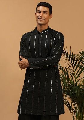 Black Mirror Work Poly Blend Kurta For Men