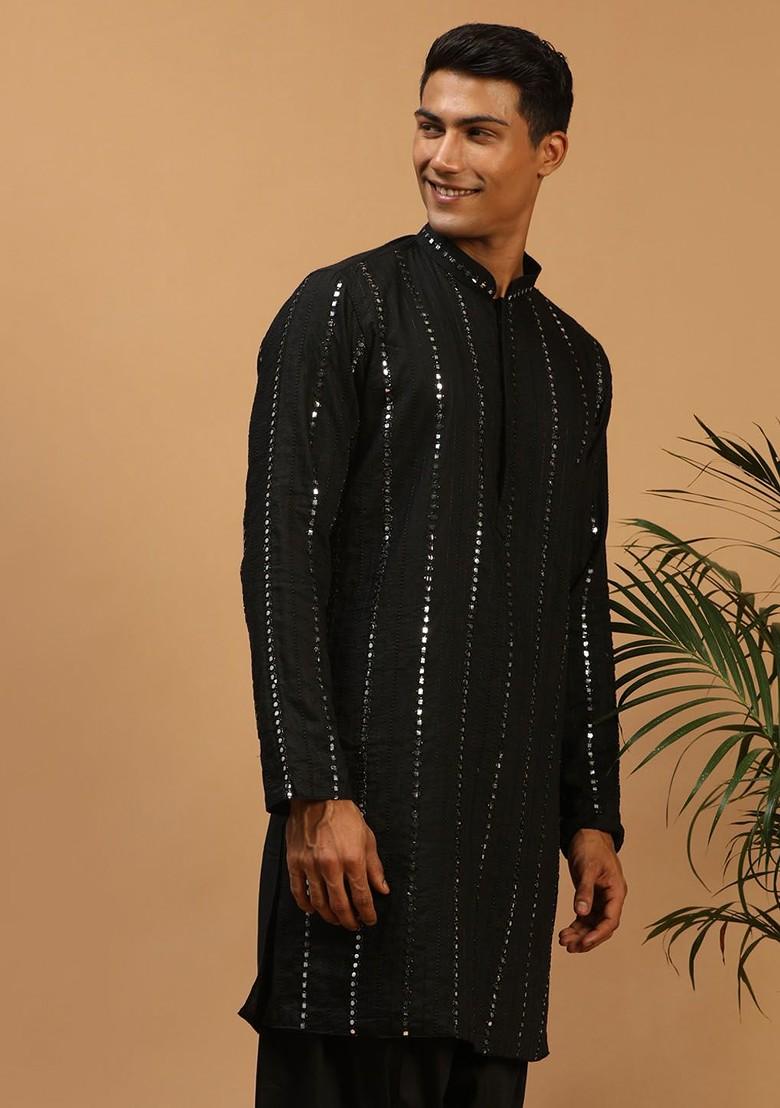 Black Mirror Work Poly Blend Kurta For Men