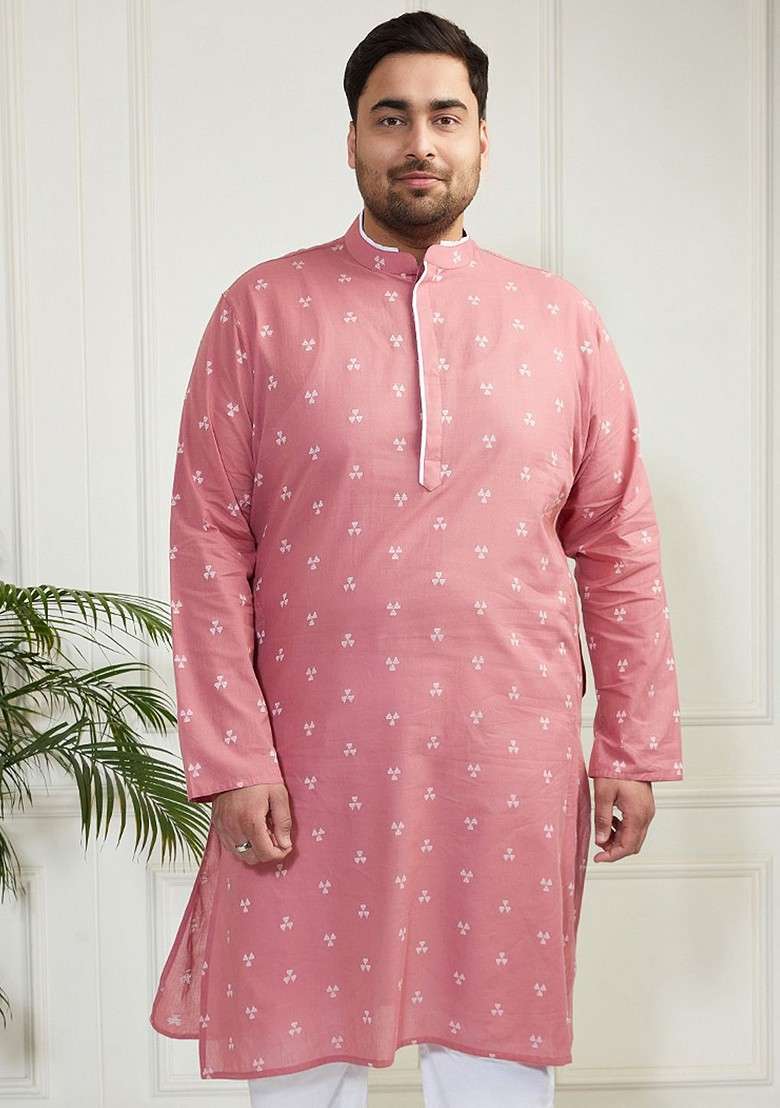 Pink Geometric Print Jacquard Kurta For Men - Indya