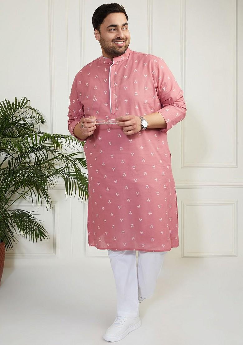 Pink Geometric Print Jacquard Kurta For Men