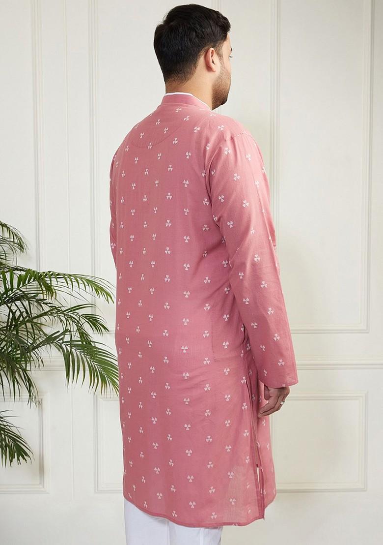 Pink Geometric Print Jacquard Kurta For Men