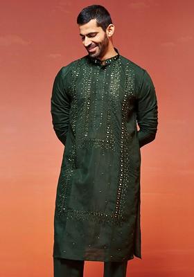 Green Embroidered Silk Kurta For Men