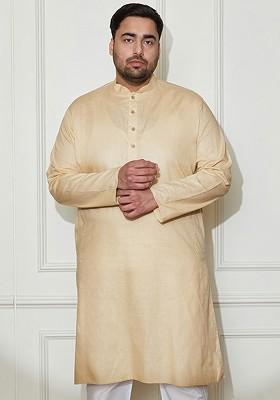 Beige Solid Poly Blend Kurta For Men