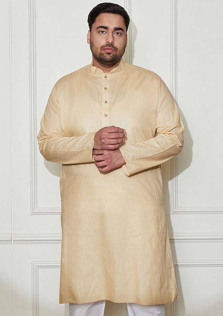 Beige Solid Poly Blend Kurta For Men - Indya