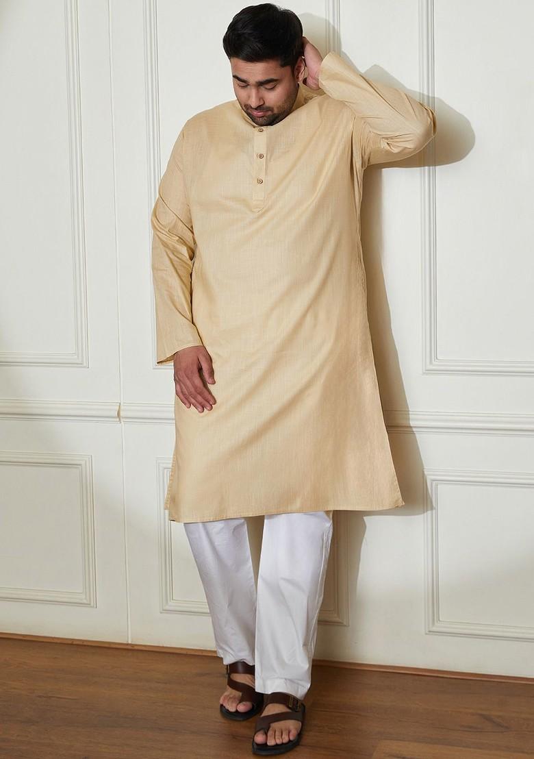 Beige Solid Poly Blend Kurta For Men