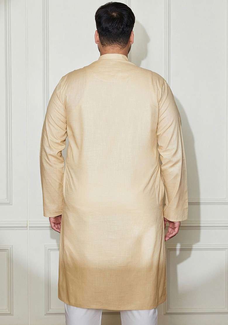 Beige Solid Poly Blend Kurta For Men - Indya