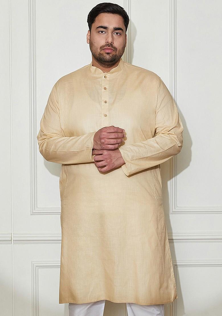 Beige Solid Poly Blend Kurta For Men