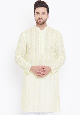 Yellow Ethnic Motifs Poly Blend Kurta For Men