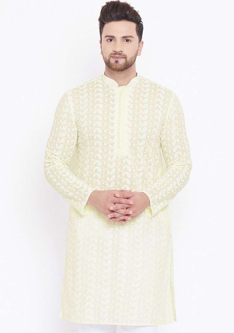 Yellow Ethnic Motifs Poly Blend Kurta For Men - Indya