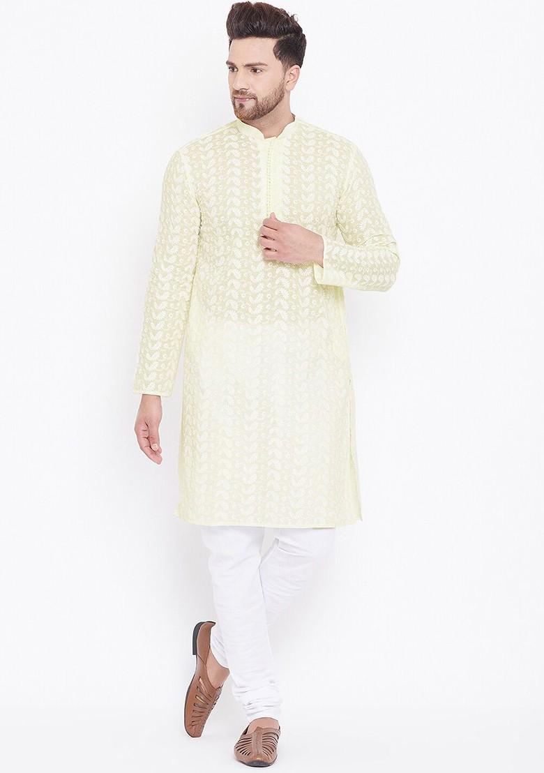 Yellow Ethnic Motifs Poly Blend Kurta For Men