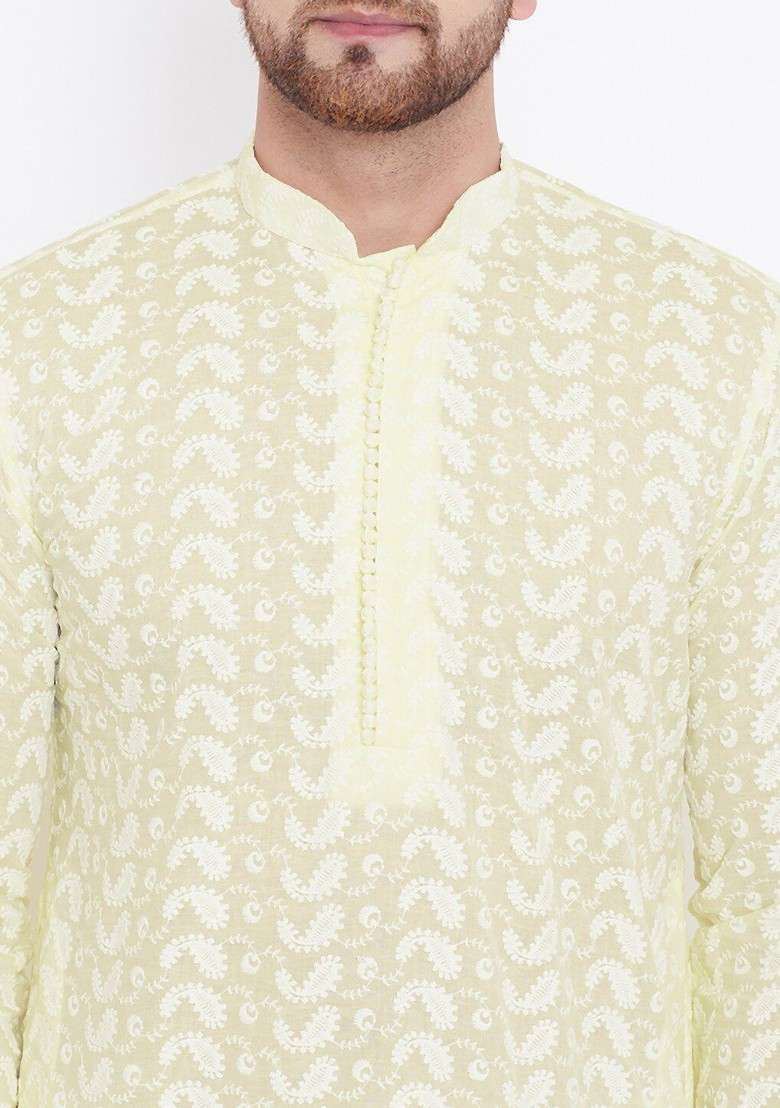 Yellow Ethnic Motifs Poly Blend Kurta For Men - Indya
