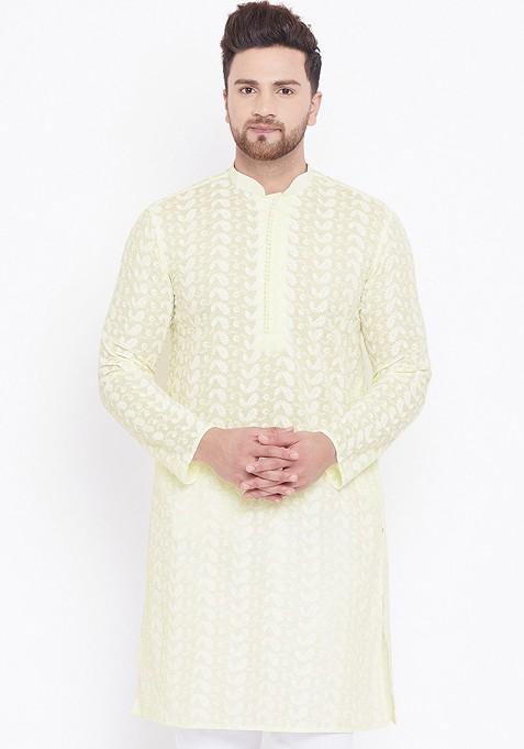 Yellow Ethnic Motifs Poly Blend Kurta For Men — view on Indya
