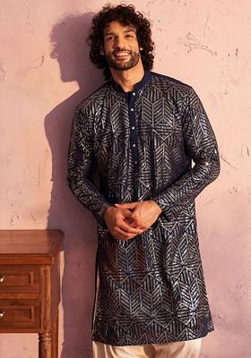 Navy Blue Embellished Georgette Kurta For Men