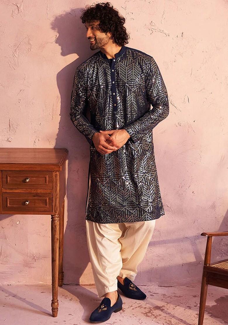 Navy Blue Embellished Georgette Kurta For Men