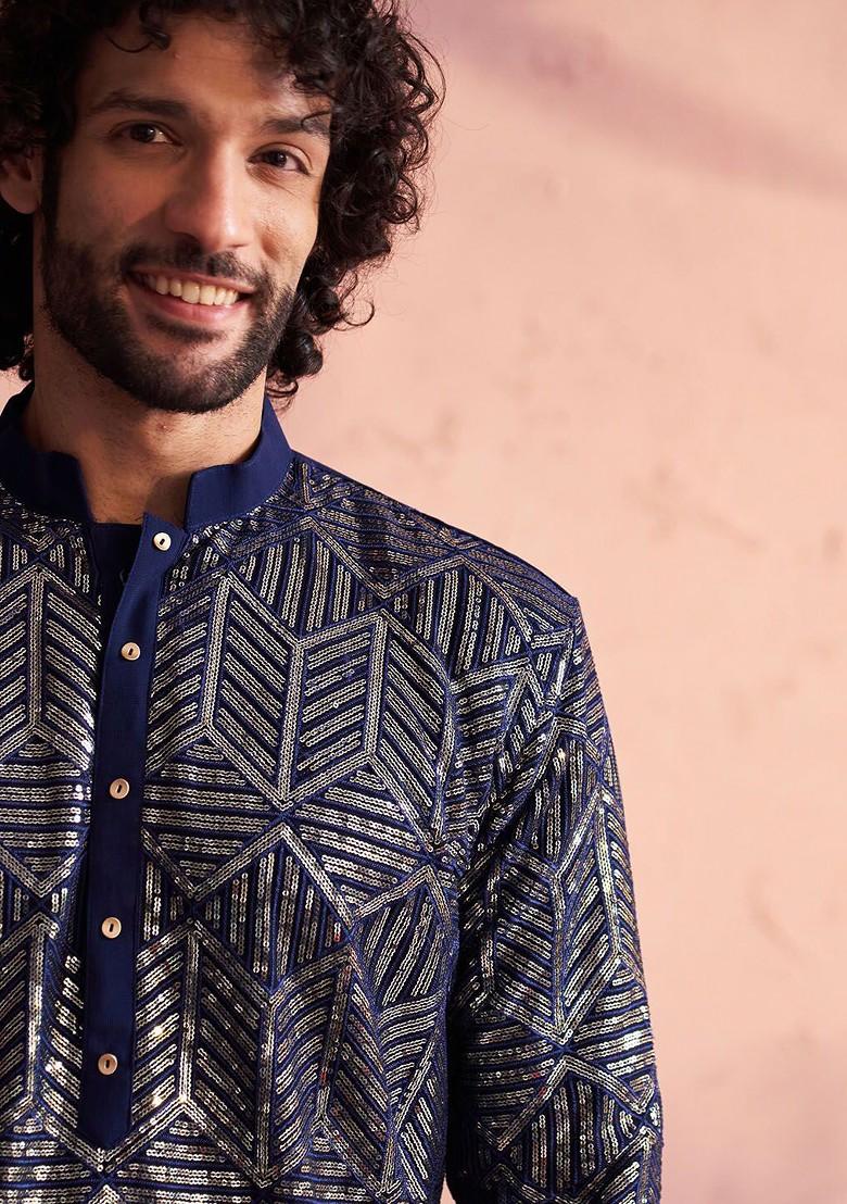 Navy Blue Embellished Georgette Kurta For Men