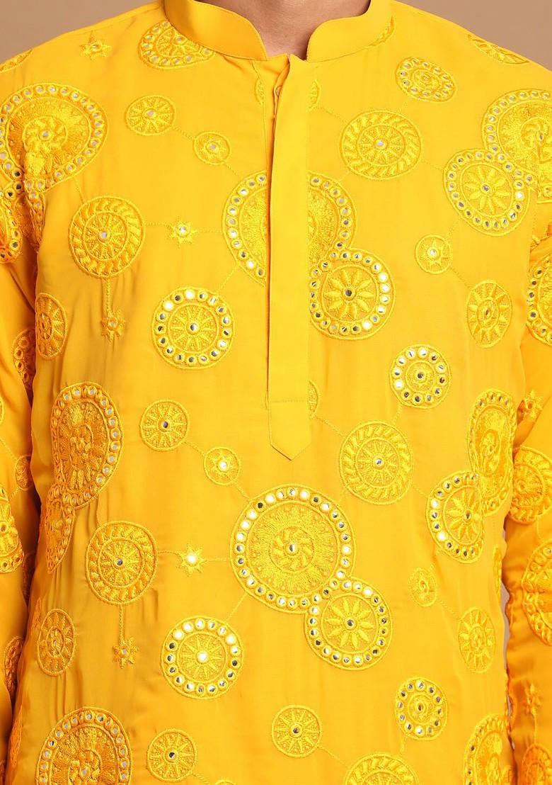 Yellow Floral Print Georgette Kurta For Men