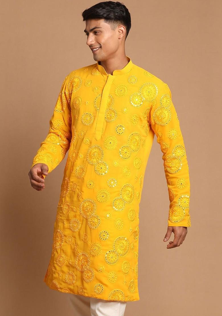 Yellow Floral Print Georgette Kurta For Men