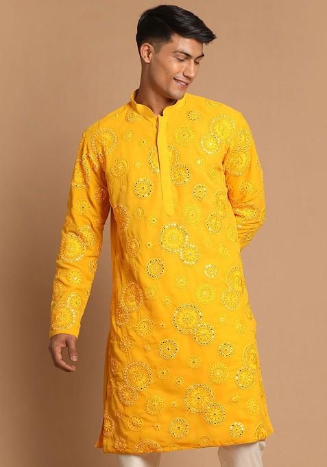 Yellow Floral Print Georgette Kurta For Men — view on Indya