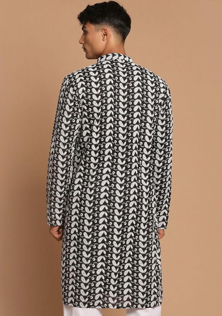 Black Embroidered Cotton Kurta For Men
