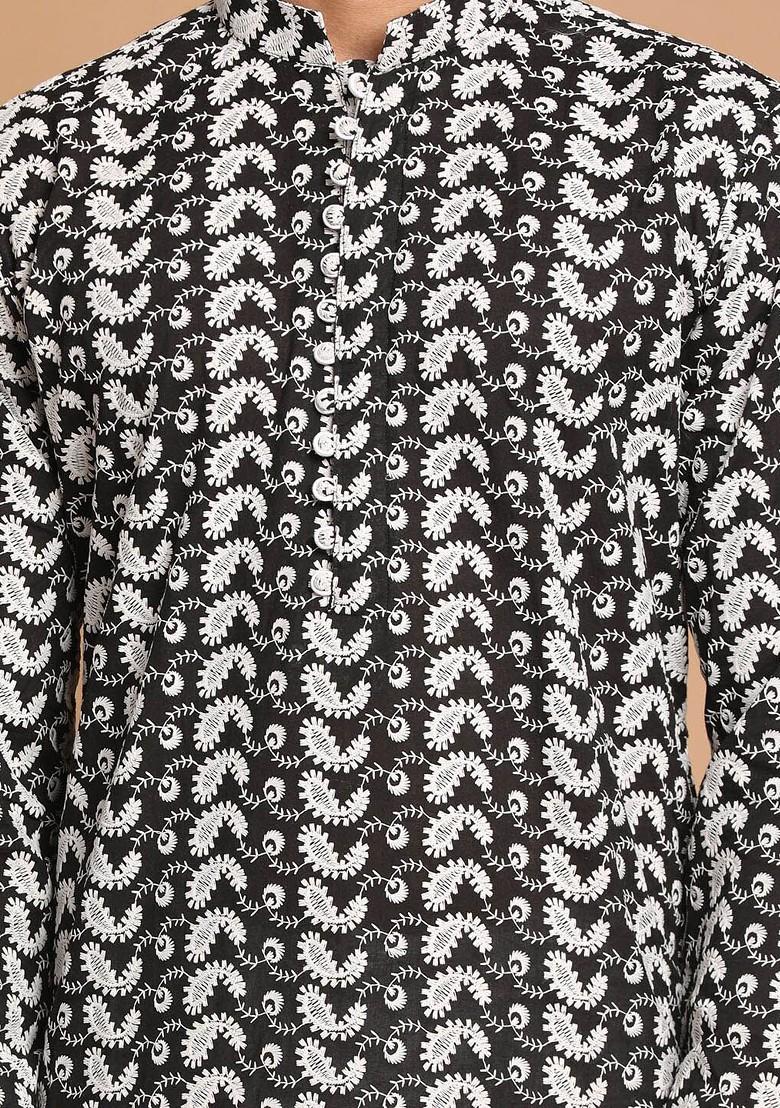 Black Embroidered Cotton Kurta For Men