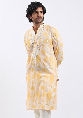 Yellow Floral Print Poly Blend Kurta For Men