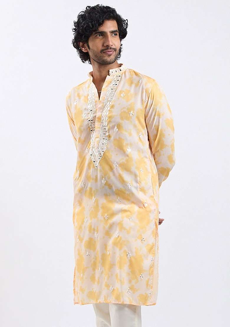 Yellow Floral Print Poly Blend Kurta For Men - Indya