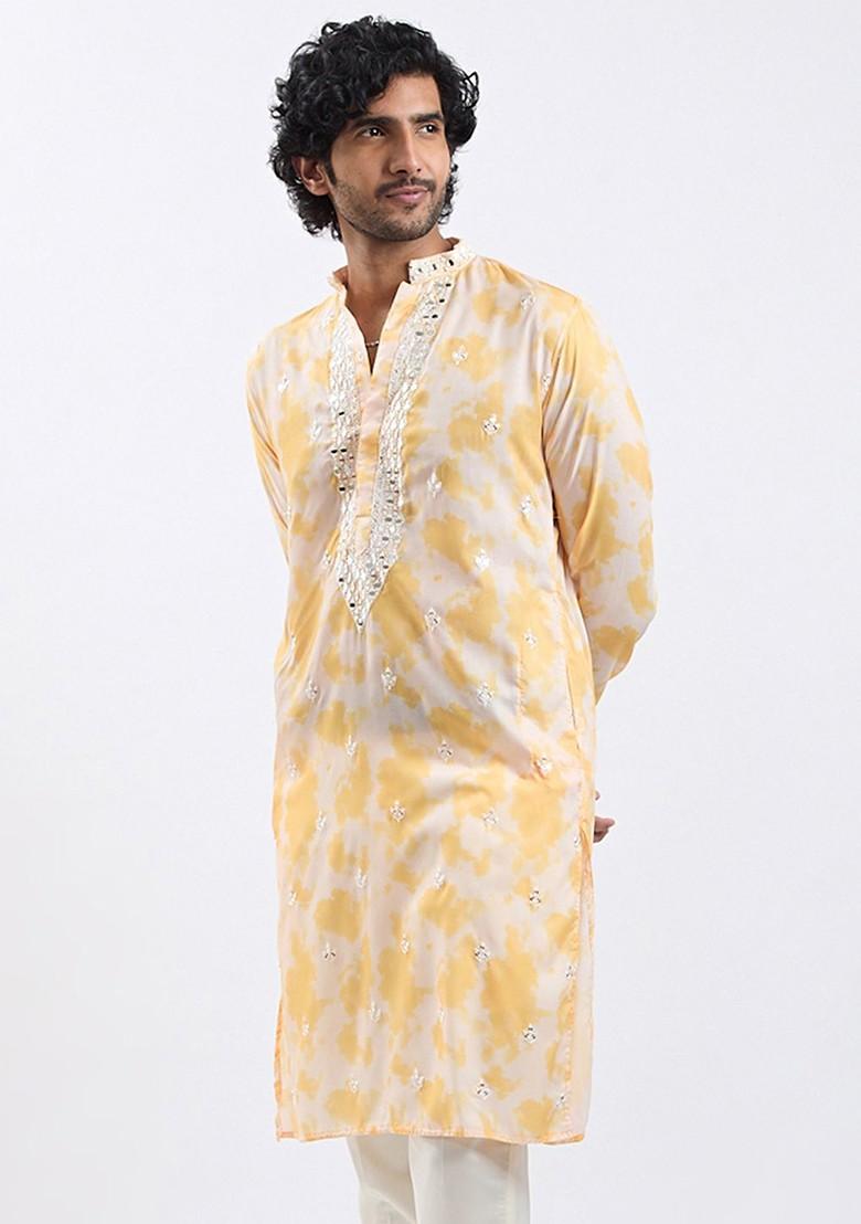 Yellow Floral Print Poly Blend Kurta For Men