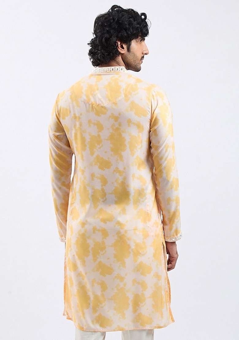Yellow Floral Print Poly Blend Kurta For Men - Indya