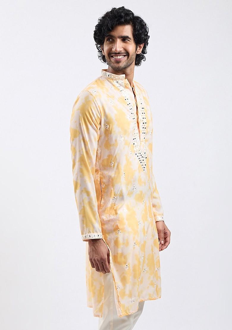 Yellow Floral Print Poly Blend Kurta For Men