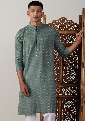 Green Embroidered Jacquard Kurta For Men