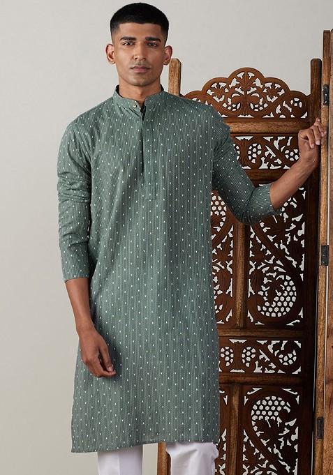 Green Embroidered Jacquard Kurta For Men — view on Indya