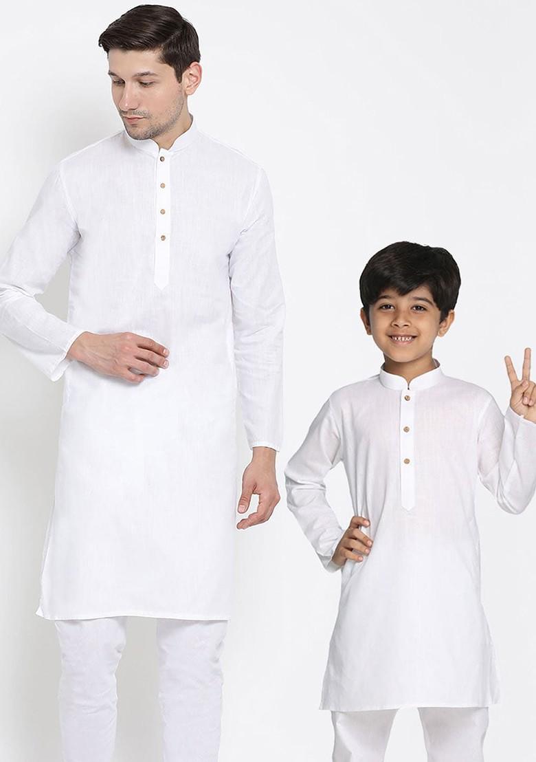 White Solid Cotton Kurta For Men